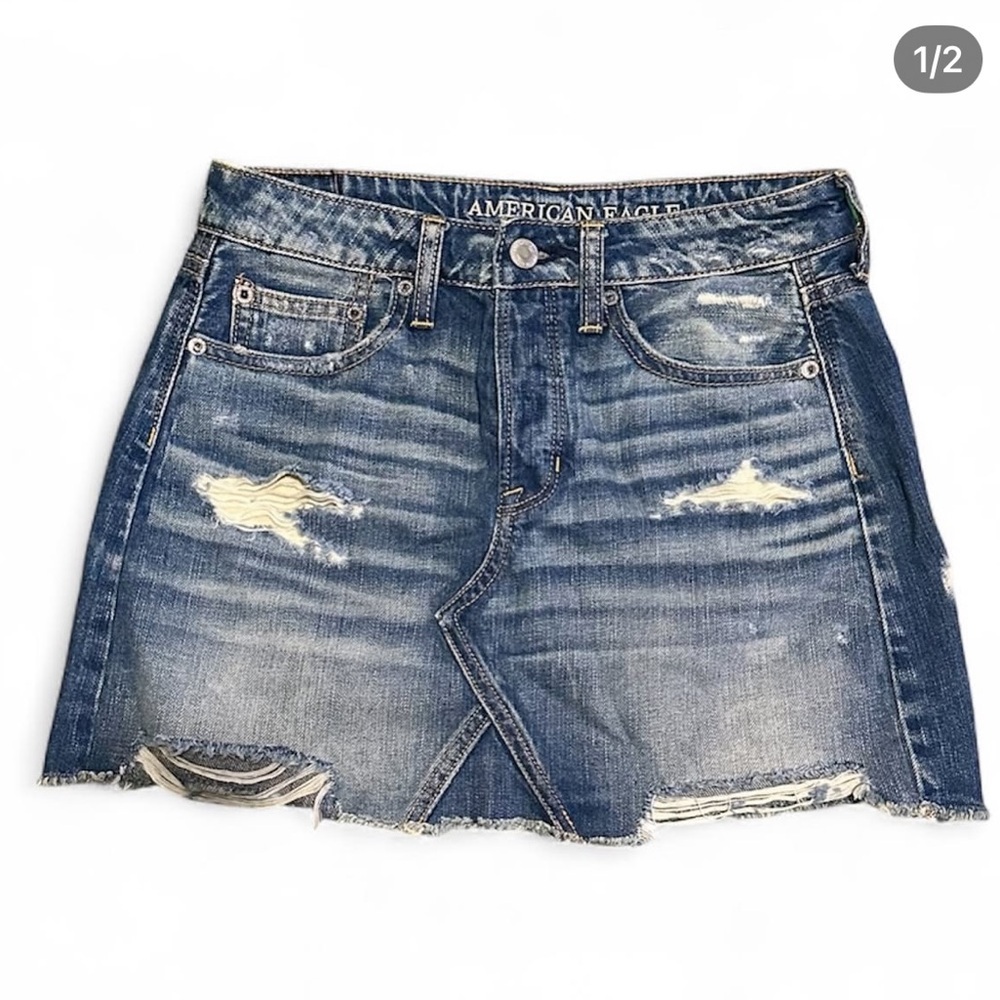 Y2K American Eagle Blue Denim Skirt with Rips & Frayed Hem